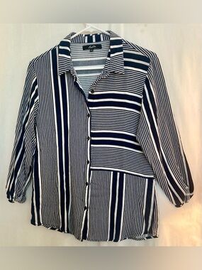 Leighton Casual Striped Button-Down Shirt Navy & White Size M